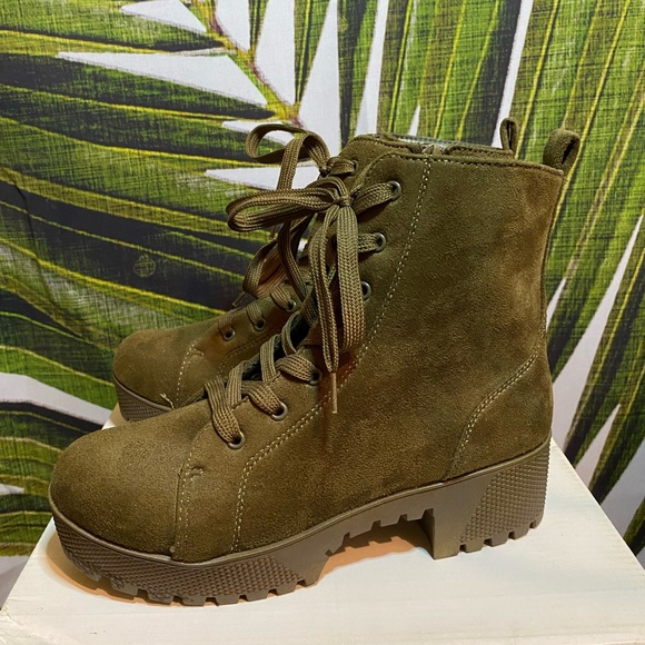 Olive Green Lace Up Boots - Picture 1 of 10